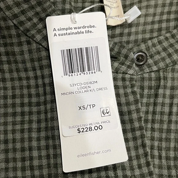 Eileen Fisher Loden Green Gingham Puckered Organic Linen Dress XS NWT